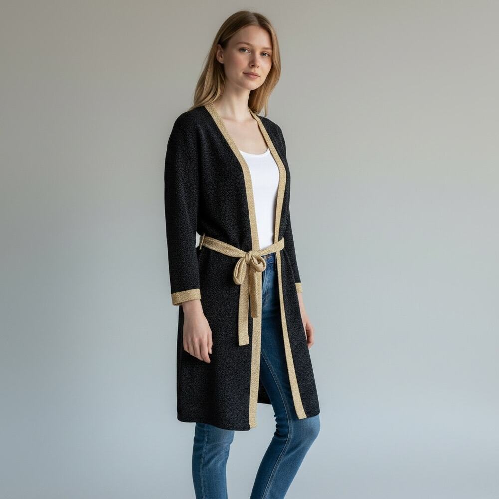 Vie Ta Vie Made in FRance Metallic Kimono Cardigan M Gold Trim Belted Jacquard